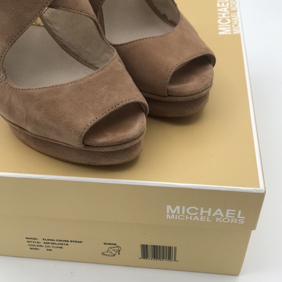 MICHAEL Michael Kors Elena Cross Strap Dk Dune Suede Platform Heels w/box Sz 8M - Picture 5 of 6